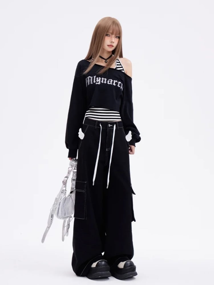 Glamorous Cropped Black Asymmetrical Neckline Letter Embroidery Sweatshirt