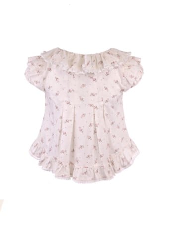 Dollcore Bluse Beige Blumen Rüschenbesatz Print Mit