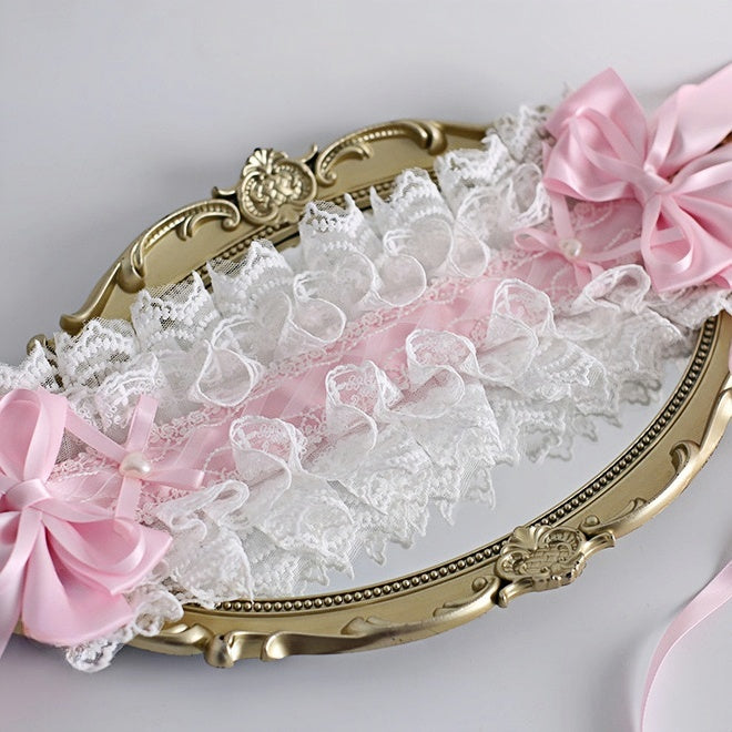 Serre-tête nœud en dentelle rose et blanc avec pinces