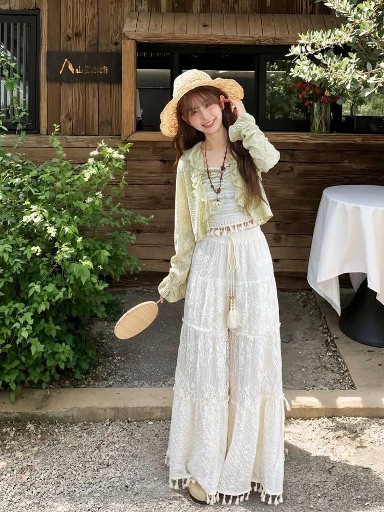 Waist Version White Drawstring Regular/Short Wide-Leg Pants with Tassel Cuffs Hollow-out