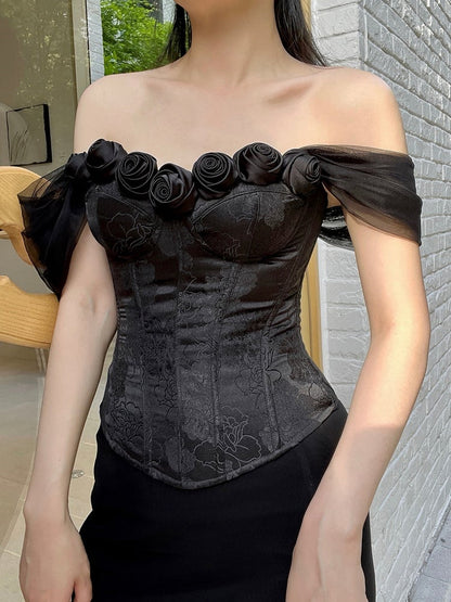 Black Roses Decorated Off-the-shoulder Neckline Boned Corset Top