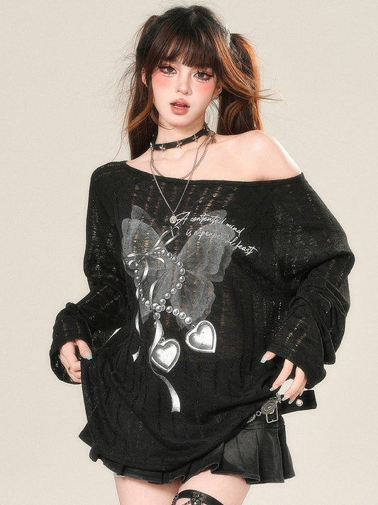 Top Black Glamorous Bittersweet Protection Sleeves Long Butterfly Print Sun