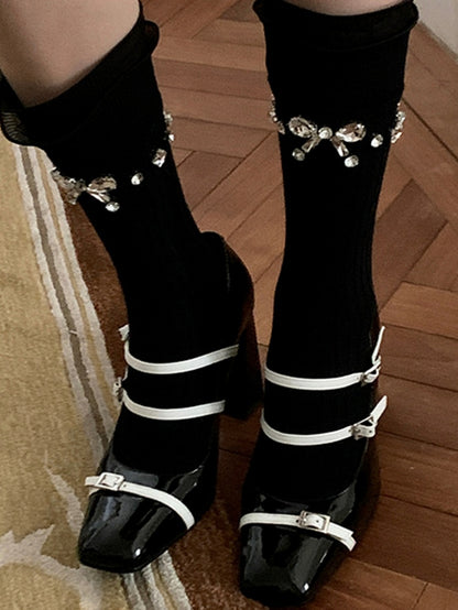 White Black Rhinestoned Bowknot Calf Socks