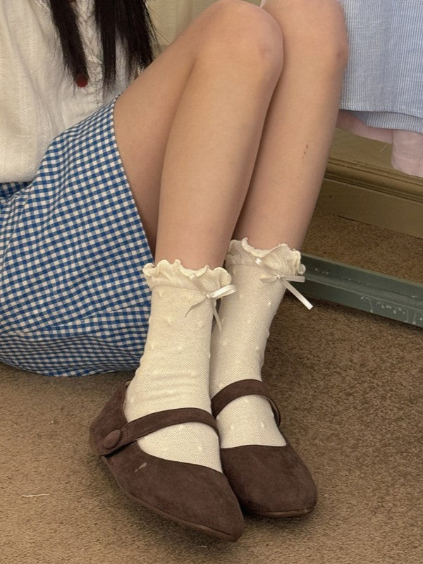 Pattern Polka-dot Bowknot Details Calf Cuffs Socks Ruffled White/Black/Pink/Blue/Yellow
