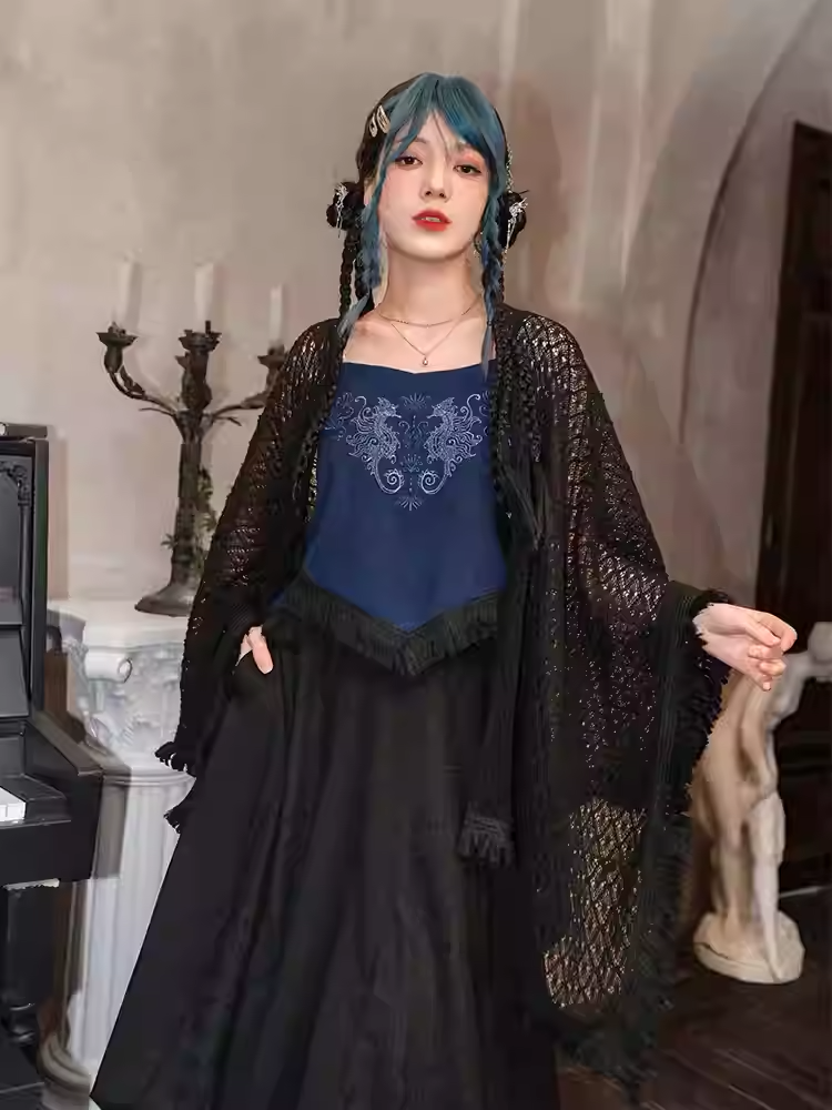 Seahorse Cheongsam Top and Cami Hem Style Tassel Dark Embroidery Coral Blue