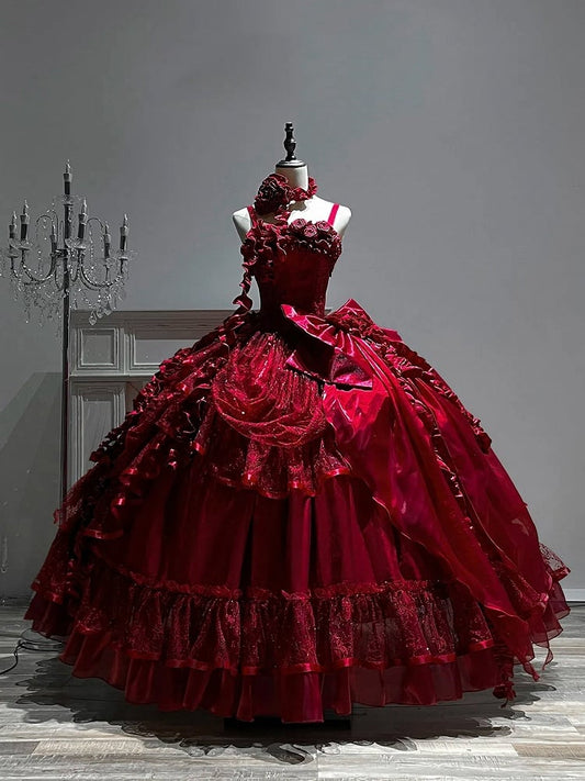 Hanayome Waist Boned Floor Corset Length Gown Hime Dress Red Ball Lolita