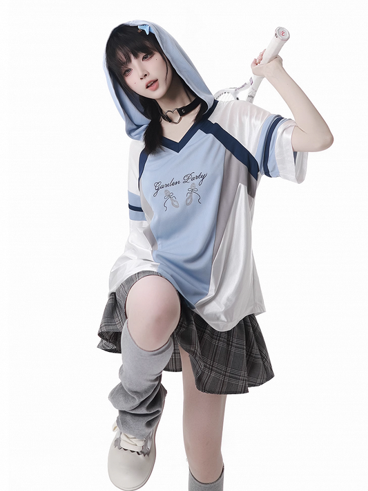 Blue Colorblock Design V-neck Blokette Core Hooded T-shirt