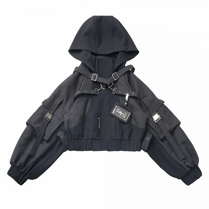 Black Buckle Straps Elastic Cuffs Waist Hooded Jacket Short/Long Version