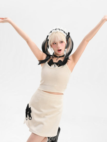 黒猫柄ホワイトアシンメトリーヘムスカート