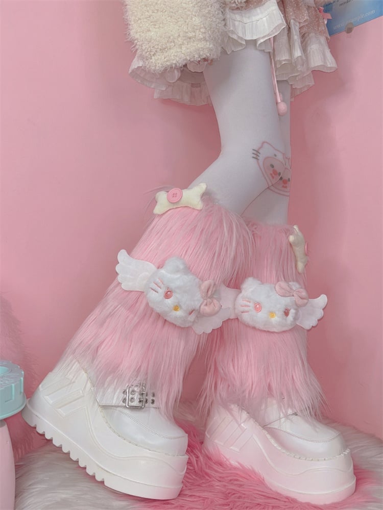 Jambières chaudes à poils longs décorées de peluches roses et d'os