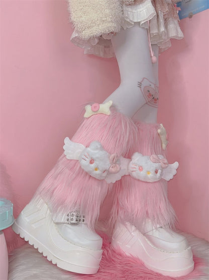 Jambières chaudes à poils longs décorées de peluches roses et d'os