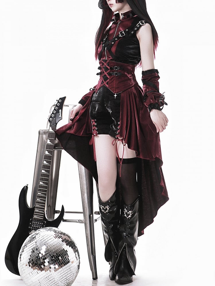 Fashion Red Black Straps Decorated Buckle Punk Sleeves