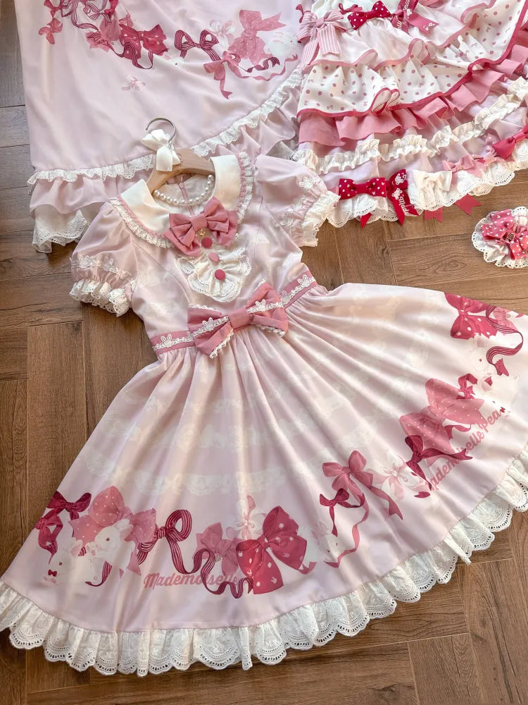 Short Bows Pink Piece One Sweet Dress and Sleeves Print Lolita Bunny