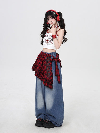 Rise Faded Wash Blue Low Wide-leg Jeans with Red Plaid Waist Accessory