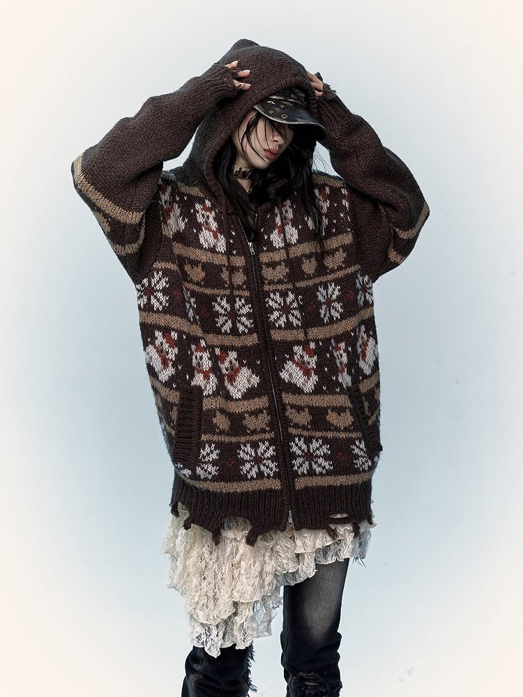 Black Brown Mohair Hooded Sweater
