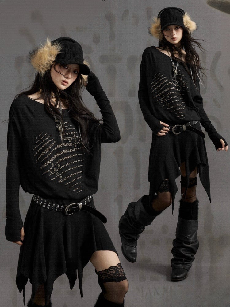 Wasteland Punk Black Leopard Heart Asymmetrical Long Sleeves Dress