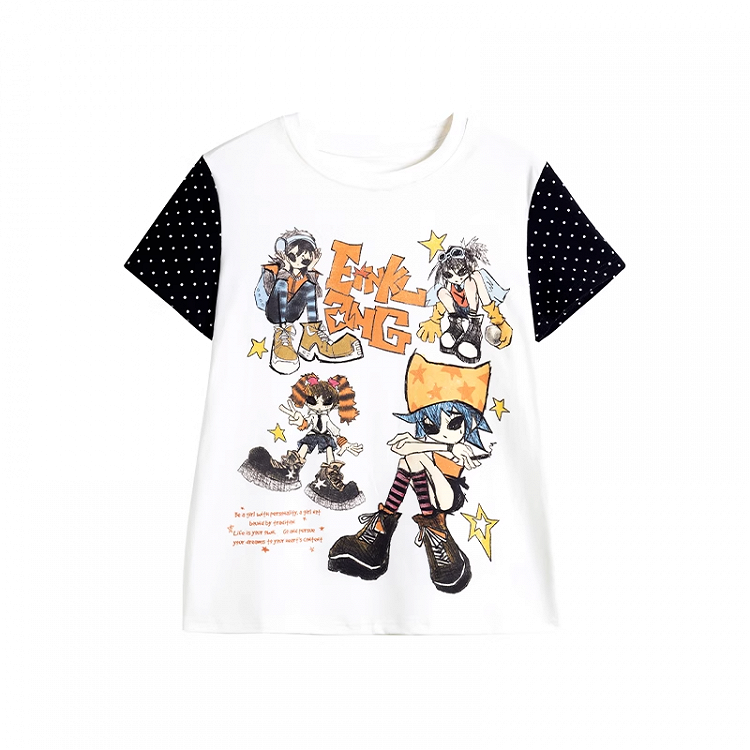 Black and Design Y2K Cartoon Print T-shirt Colorblock White