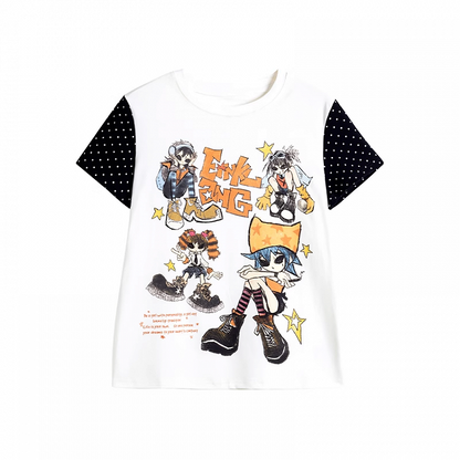 Black and Design Y2K Cartoon Print T-shirt Colorblock White