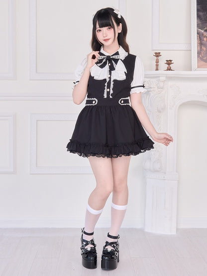 Kurzarm-Set: Shorts mit Rücken und Trägern, zweiteiliges schwarzes Kleid, passendes Jirai Kei zum Binden