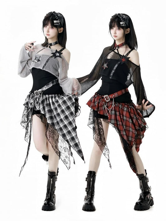 Rock Red/Black  White Plaid Mesh Strapless Dress Patches Handkerchief Hem Punk