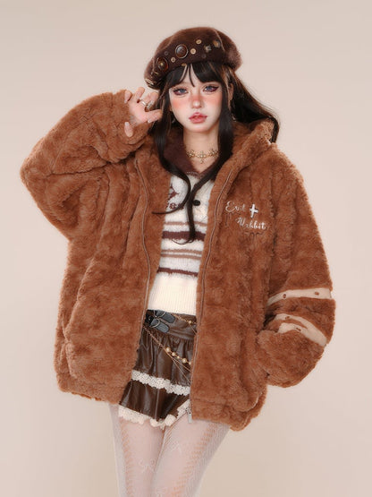 Manteau Teddy à capuche épais avec fermeture éclair et motif oreilles de lapin marron/rose