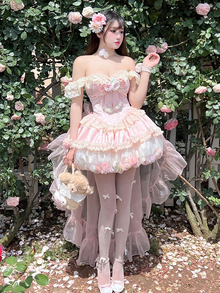 Kei Pink Fairy Bubble Corset Dress Floral Decorations Bodice