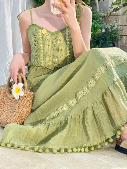 Cami Top Mori Kei Green Knitted Floral Accents