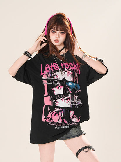 Weiß/Schwarzes lockeres T-Shirt mit Rundhalsausschnitt und Anime-Mädchen-Print