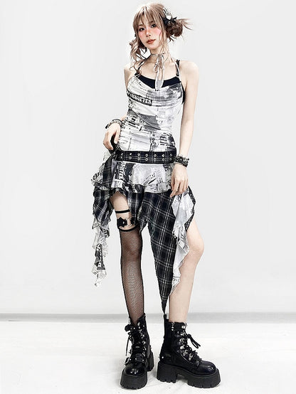 Dye Tie Design + Plaid Cami Pattern Dress Top Neck Asymmetrical Skirt Detail White Black Hem Halter Spiderweb