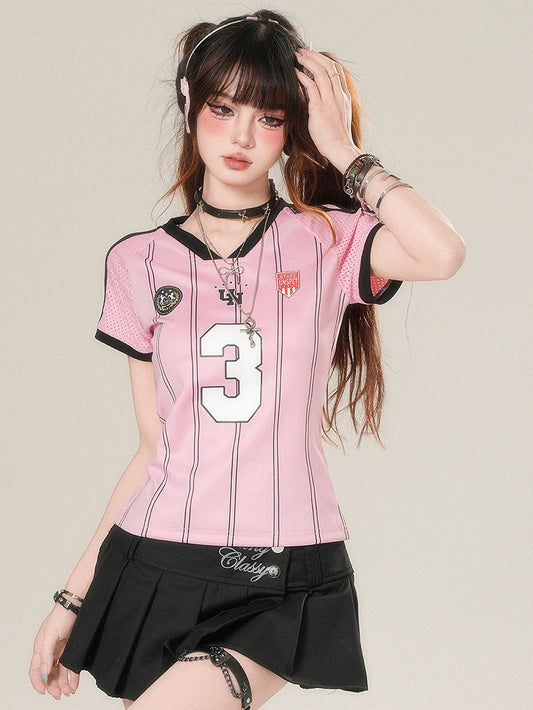 Glamorous T-shirt Print Number Striped Pattern V-neck Pink
