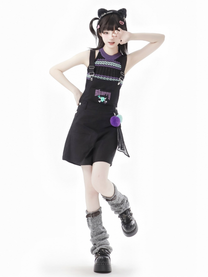 Black and Purple Green Halter Neck Knit Vest