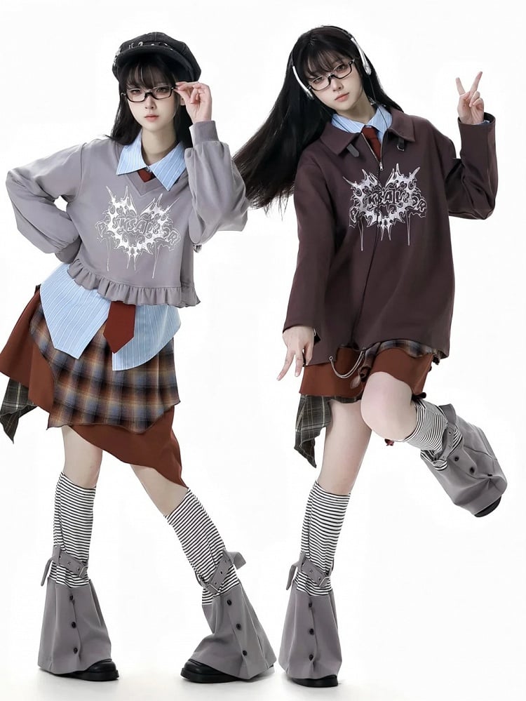Collar Banded Graphic Sweatshirt Brown Polo Collar Buckle Strap Neckline