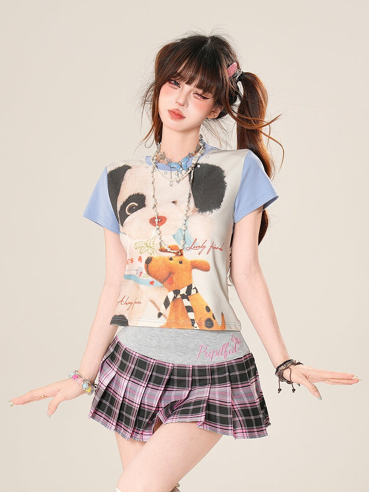 Adorable Colorblock Design Puppy Print Blue/Pink T-Shirt