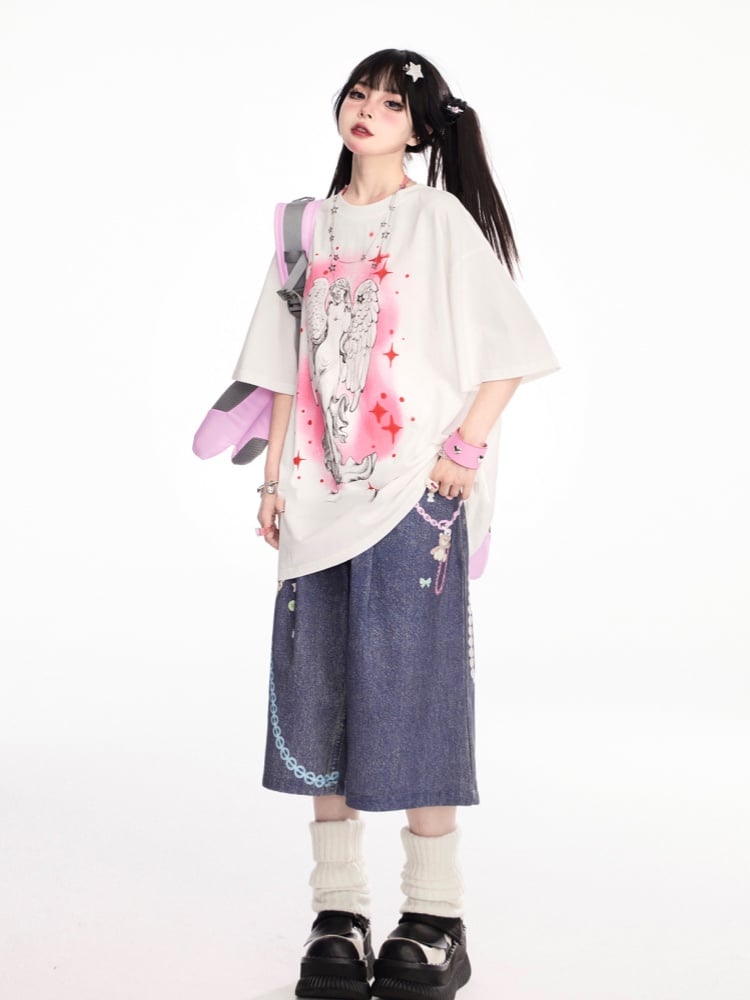 Print Loose White Round Neck Angel T-Shirt Statue
