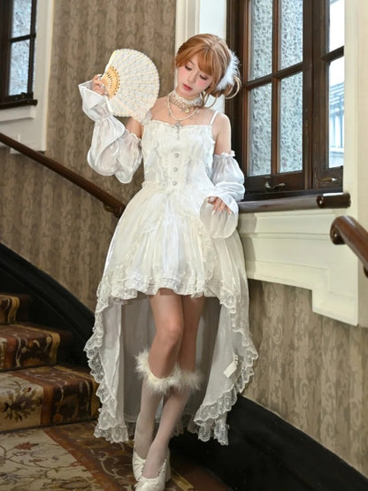 Sleeves Lolita Shiro Dress with Detachable White Satin Balloon and Train