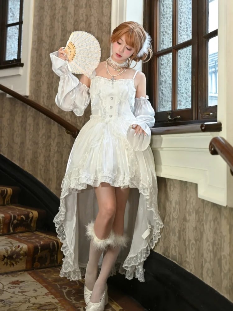 and Train White Satin Lolita Dress with Detachable Shiro Balloon Sleeves