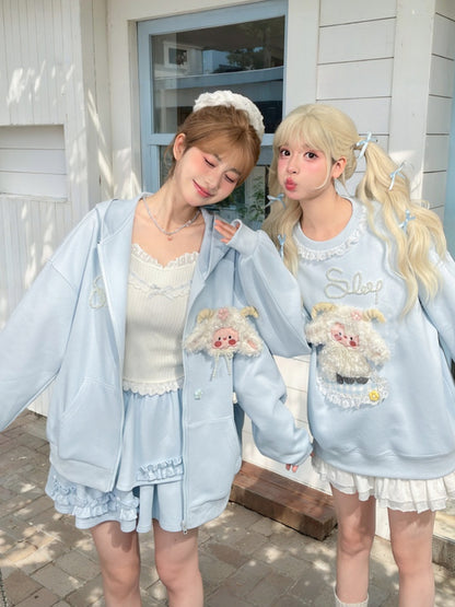 Yume Kawaii Blue Plush Lamb Knitted Floral Sweatshirt