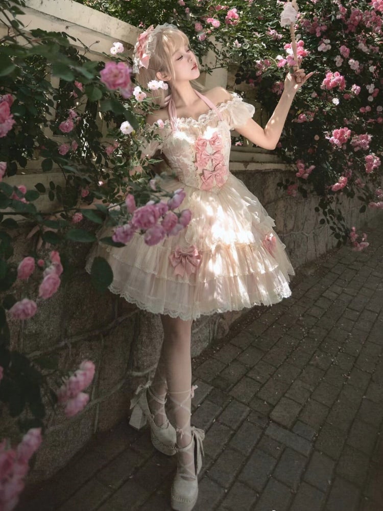 Pink Corset Waist Balletcore Princess Halter Neck Lolita Dress