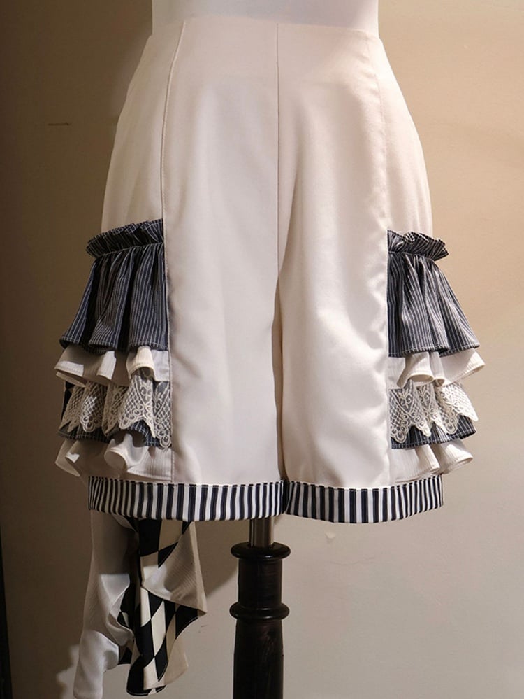 Fashion Shorts Ouji Beige Checked with Train Pattern Striped Cuffs