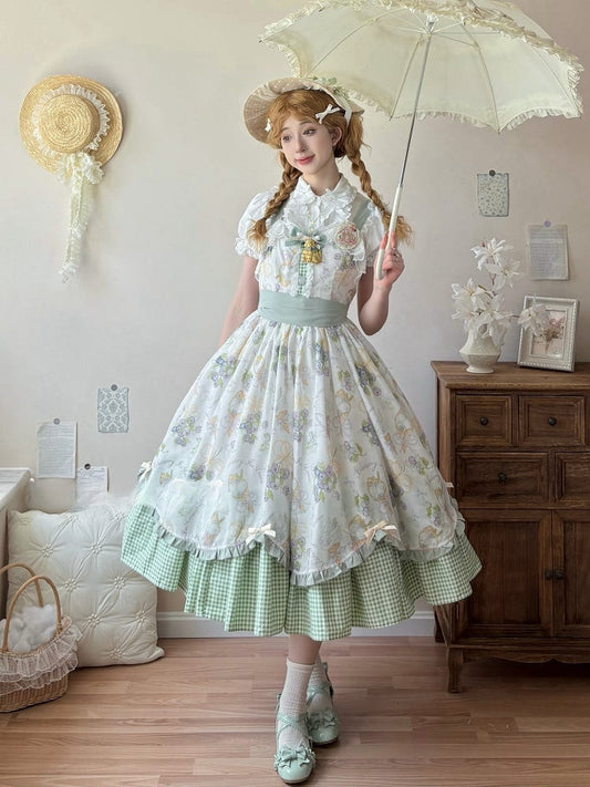 Cream Hemline Green Light Ice Dress Lolita Blueberry and Gingham Print