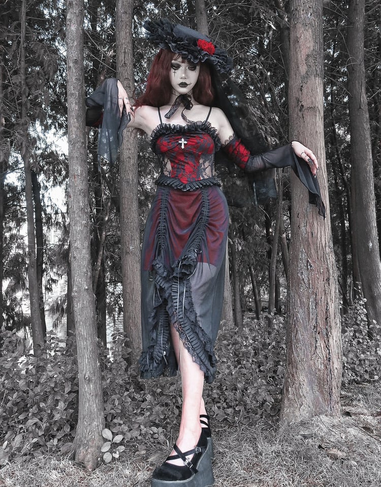 Black and Wine Red Vampire Gothic DressDrawstring Lace Dress and Wristcuffs Set