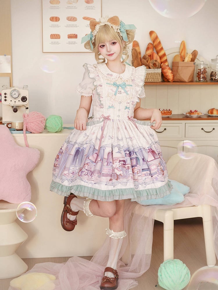 Cute kitty and Green Bows Sweet Lolita Dress Flutter Shoulder Straps Jumper Skirt