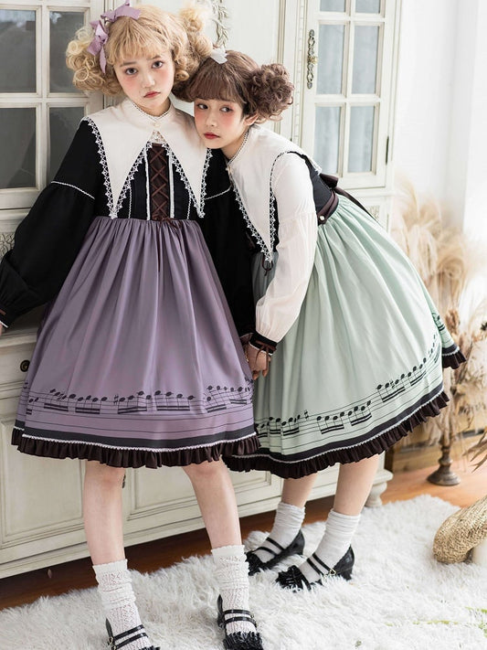 Robe Lolita d'automne violette à manches longues et col pointu séparé, motif notes de musique