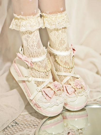 at Design Bow Trim White Chain Heart Platforms Beaded Buckle With Floral Top Detachable Lace
