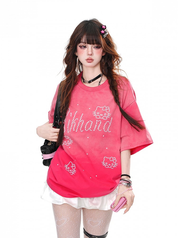 Blue/Rose Red Round Neck Kitty Rhinestone Loose T-Shirt