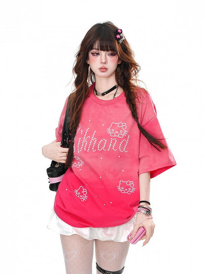 Blue/Rose Red Round Neck Kitty Rhinestone Loose T-Shirt