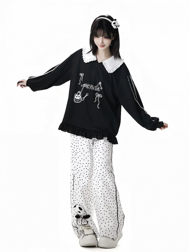 White Polka-Dot Pattern Cotton Straight-Leg Pants with Panda Plushie