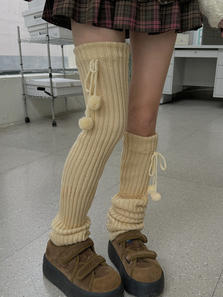 White/Beige/Light Grey/Black Knitted Leg Warmers With Pompons