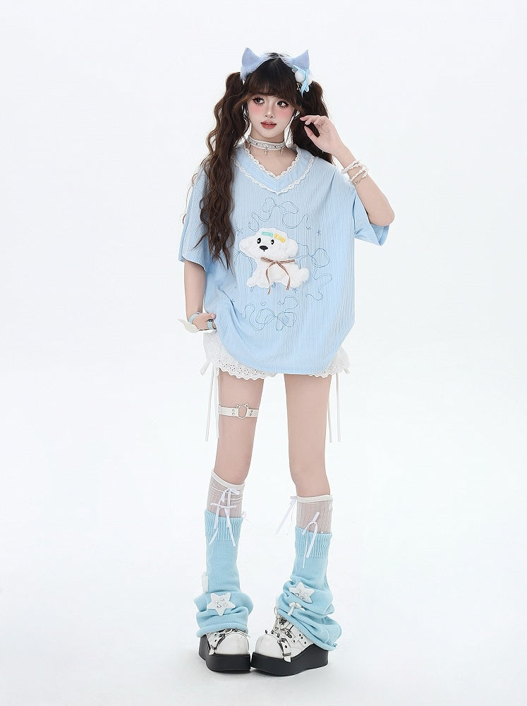 V-Neck Plush Puppy Applique Trim Loose T-Shirt Beige/Light Blue Lace