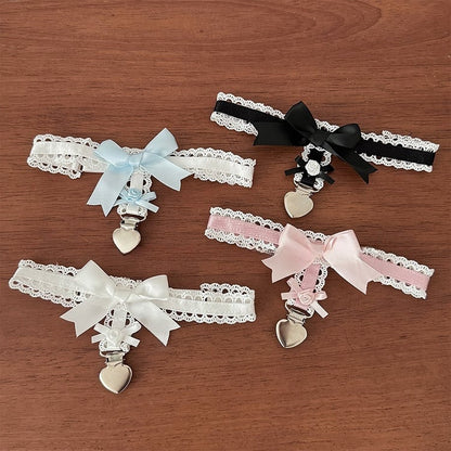 Black/White/Pink/Blue Sweet Bowknot Lace Trim Leg Loop With Heart Charm